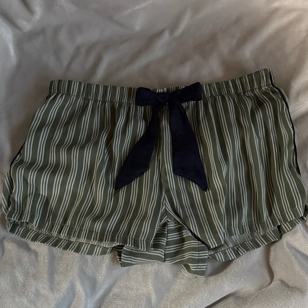 Aerie Green and White Striped Shorts with Navy Accent